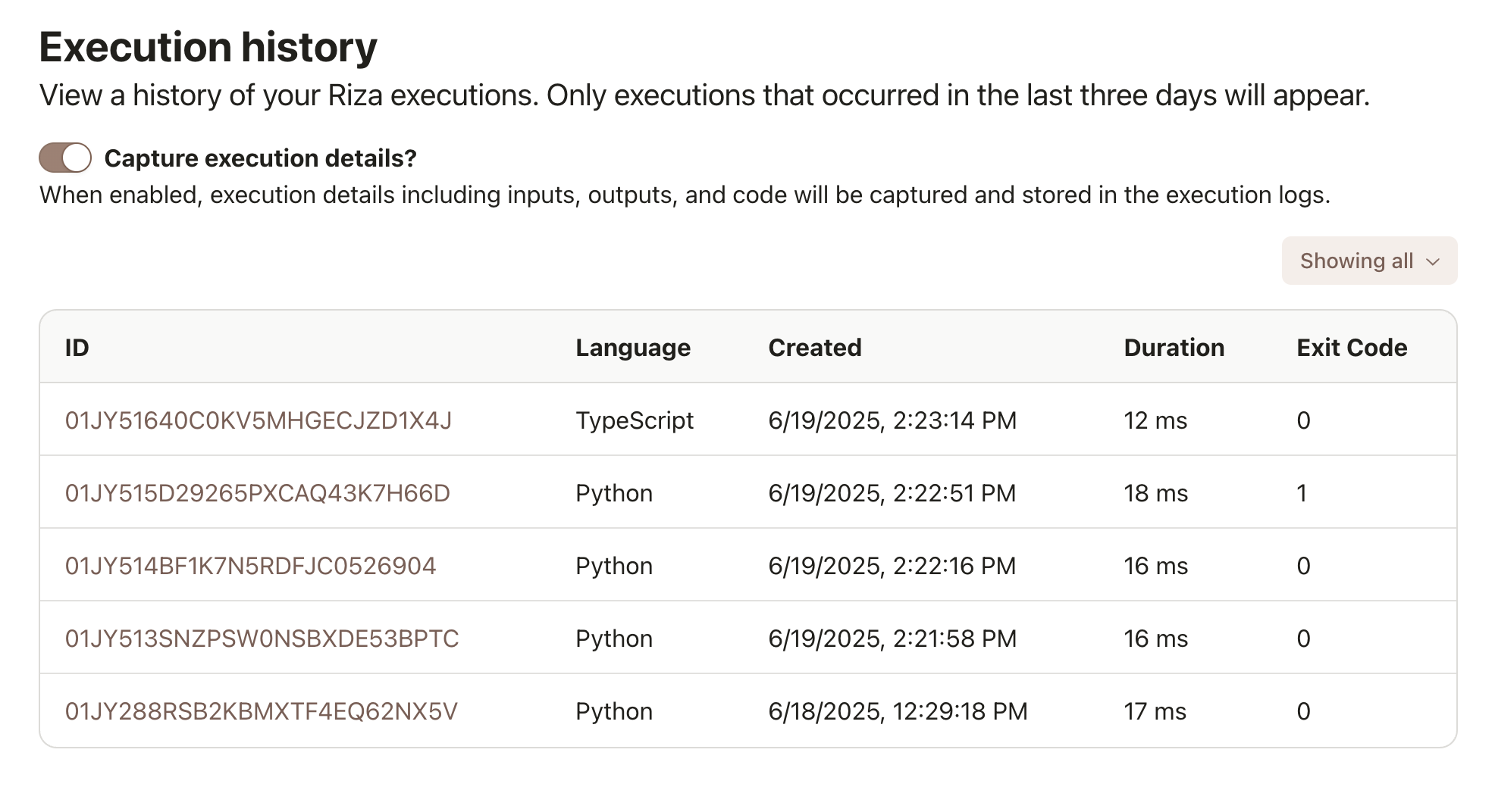 Riza Execution Logs dashboard